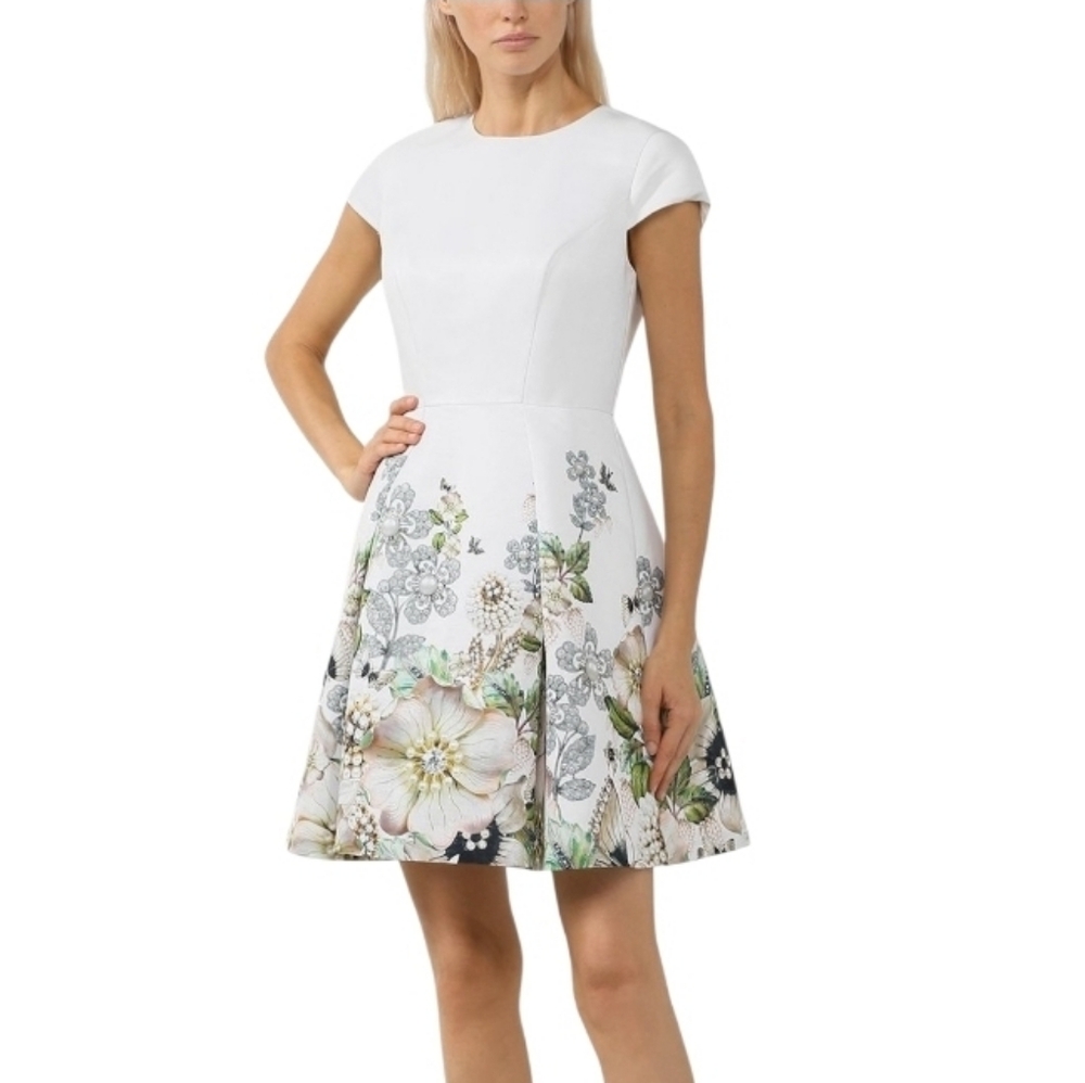 Ted Baker Yvetta White Gem Gardens Floral Print Cap Sleeve Skater Dress Womens 4